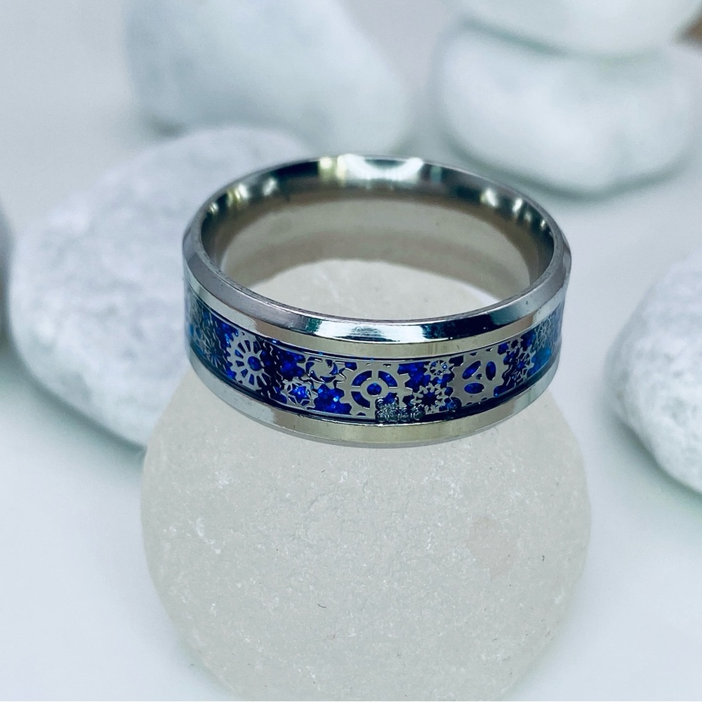 Titanium Steel Mechanical Gears X Blue Sparkling Accents Silver Band Ring